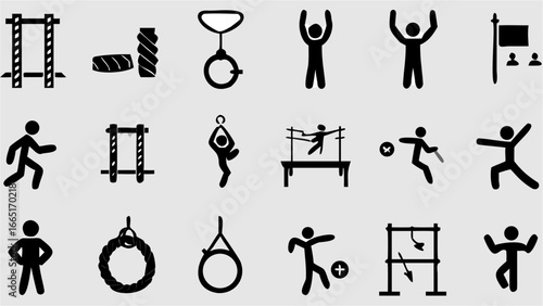 Depiction of various athletic activities and equipment in simple black and white stick figure style