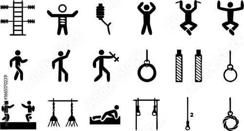 Illustration showing various calisthenics exercises and equipment in black silhouette on a white background