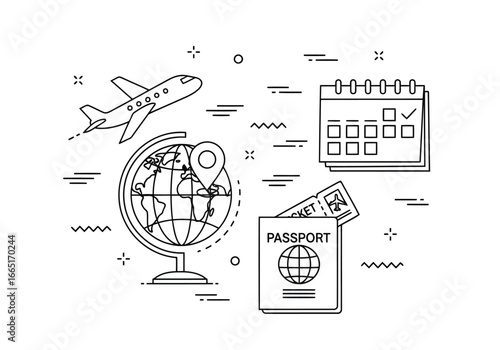 Travel planning with airplane, globe, calendar, passport, and ticket
