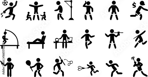 Collection of stick figure icons depicting various activities and sports in simple black silhouettes