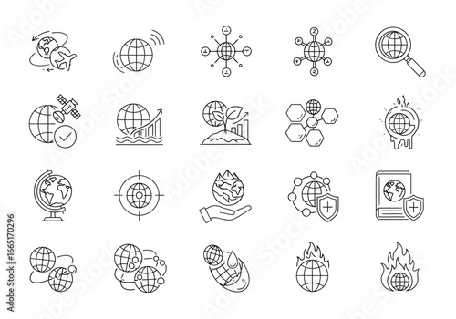 Collection of icons representing global concepts like technology, business, and security