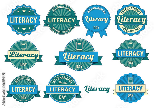 Collection of international literacy day badges and emblems