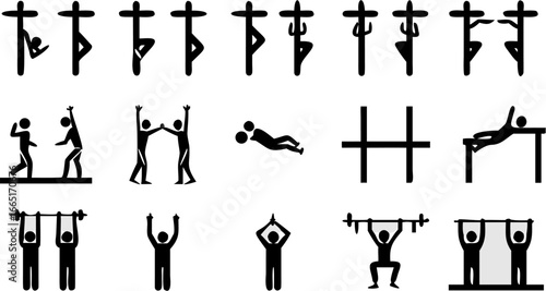 Illustration showing various stick figure poses including yoga, sports, and weightlifting exercises