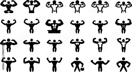 Collection of twenty different black silhouette icons of bodybuilders posing and flexing muscles in various stances