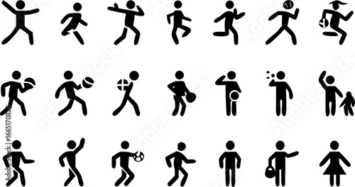 Illustration of stick figures in various actions including sports and everyday activities shown in black
