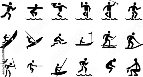 Illustration showing various water sports activities including surfing kayaking and windsurfing in black and white