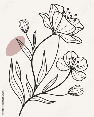 Elegant black line art floral illustration with subtle blush accent