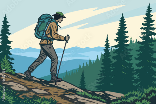 Hiker with backpack and trekking poles walks outdoors.