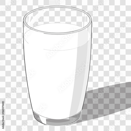 A tall glass of white milk casting a shadow on a transparent background