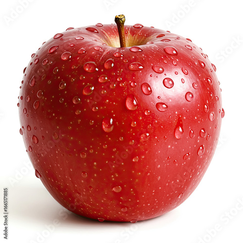 Single Red Apple With Water Droplets On White Background