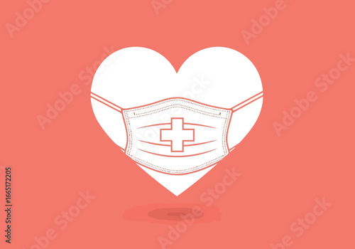 White heart wearing a medical mask with a red cross symbol, representing healthcare and protection during a pandemic