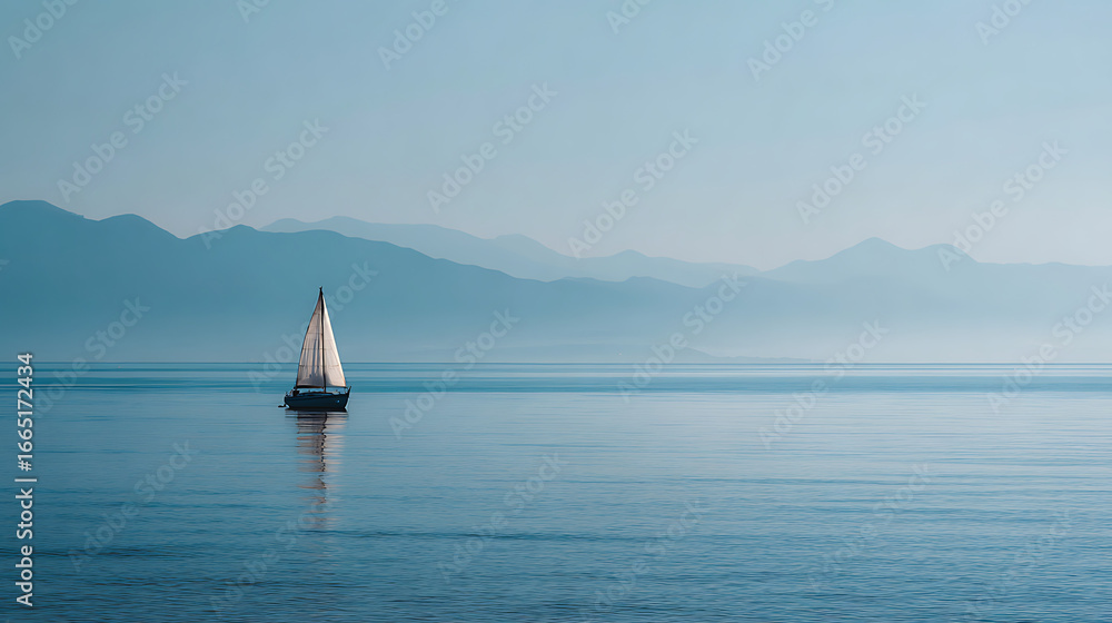 Fototapeta Serenity of a sailboat gliding across calm waters with mountains in the background at sunrise