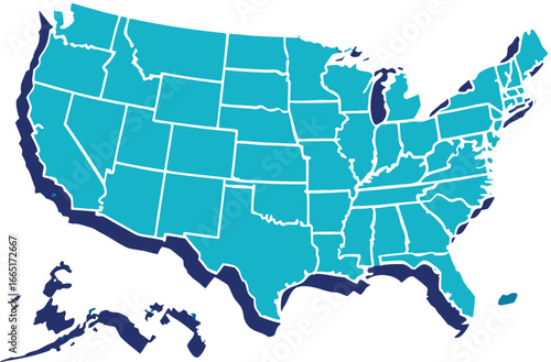 Turquoise map of the united states with state borders
