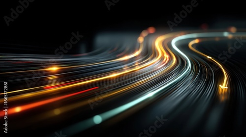 Abstract light trails in orange, white, and red, conveying speed, motion, and energy on a dark, futuristic background