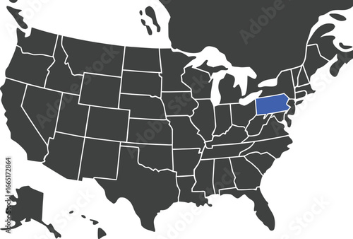Map of the united states highlighting the state of pennsylvania in blue
