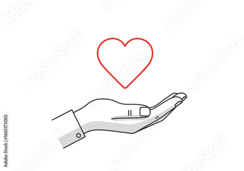 Line art illustration of an open hand offering a red heart symbol