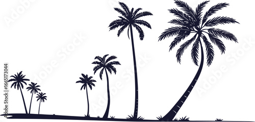 Silhouettes of palm trees on a white background with a sandy shore
