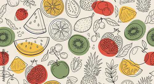 Seamless vector illustration of assorted tropical fruits including watermelon, pomegranate, pineapple, kiwi, pear, orange, apple, and strawberry, perfect for healthy food branding, packaging, and nutr