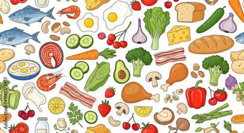 Seamless vector illustration of assorted fresh food ingredients including fish, vegetables, fruits, bread, meat, and cheese, perfect for grocery, nutrition, meal planning, and healthy lifestyle design