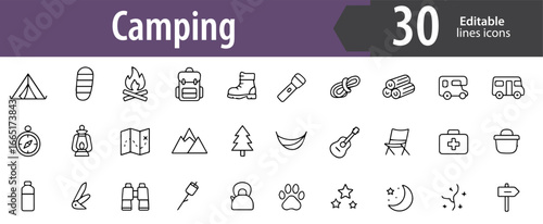 camping line icons set, tent, campfire, backpack, lantern, outdoor adventure, editable formats: AI, EPS, JPG, PNG, ideal for both digital and print use
