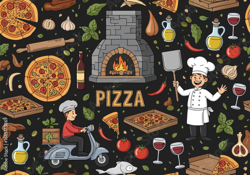 Cartoon illustration of pizza delivery, chef, wood-fired oven, and ingredients with seamless pattern style, ideal for restaurant branding, food packaging, or Italian cuisine marketing designs