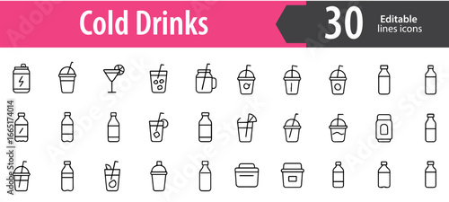 cold drinks line icons set, soda, juice, iced coffee, cocktail, refreshing beverages, editable formats: AI, EPS, JPG, PNG, ideal for both digital and print use
