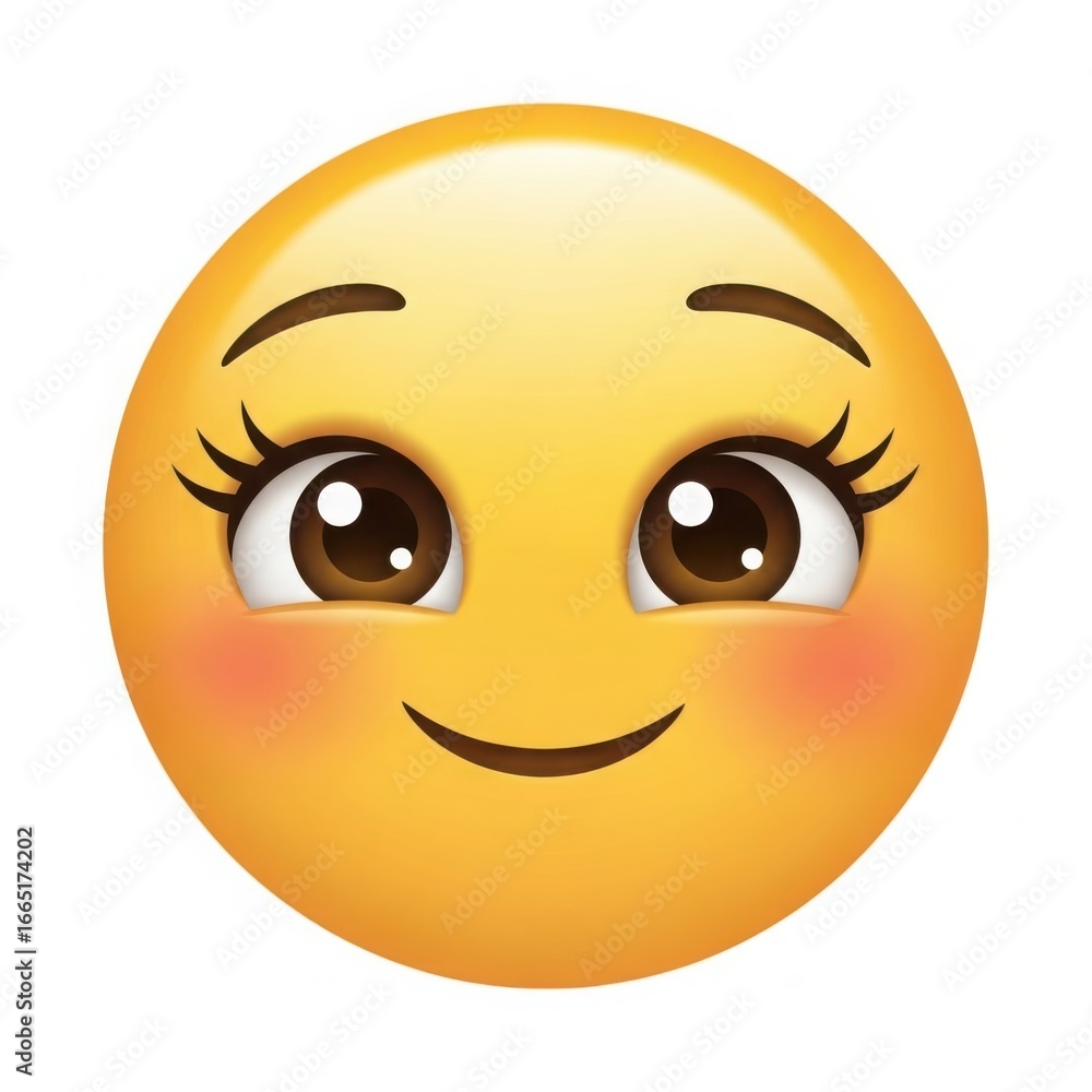 Fototapeta premium Happy yellow emoji with big brown eyes and blushing cheeks isolated on white background