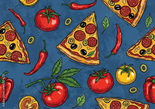 Seamless vector art of pizza slices with pepperoni, olives, fresh tomatoes, chili peppers, and herbs, perfect for food backgrounds, restaurant menus, or Italian cuisine designs