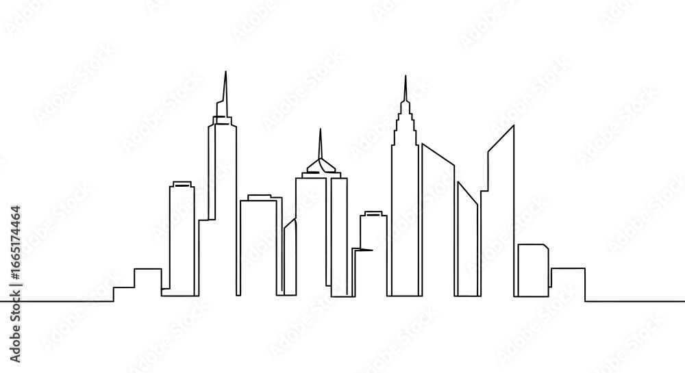Obraz premium a black and white line drawing of a city skyline with tall buildings