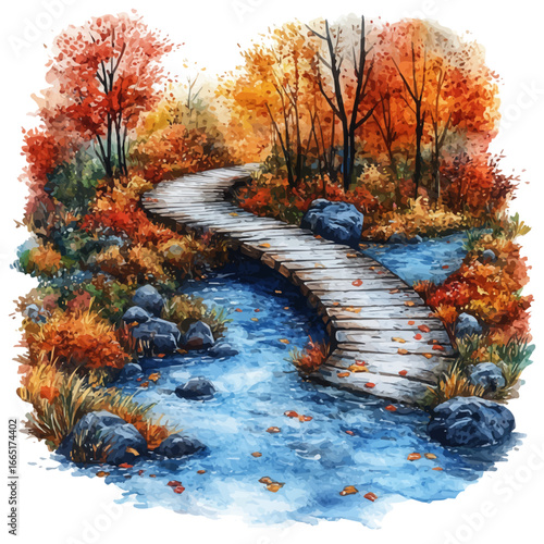 watercolor vector of Autumn Forest Trail Walk, isolated on a white background.