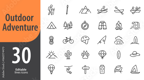 outdoor adventure line icons set, hiking, camping, backpacking, mountains, travel exploration, editable formats: AI, EPS, JPG, PNG, ideal for both digital and print use
