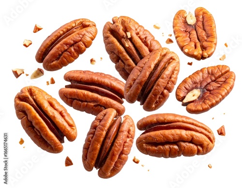 Roasted pecans scattered on a white background