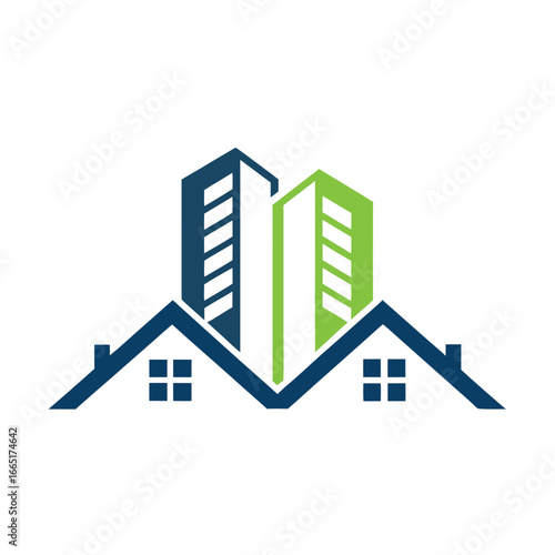 Two modern buildings with house roofs in blue and green on white background architecture