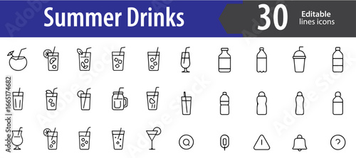 summer drinks line icons set, cocktails, juice, soda, iced tea, tropical beverages, editable formats: AI, EPS, JPG, PNG, ideal for both digital and print use
