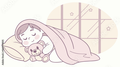 Cartoon illustration of a child sleeping with a teddy bear near a window with star decorations