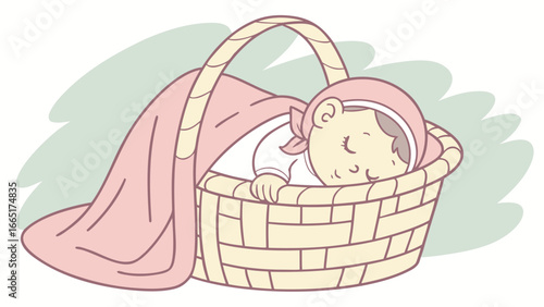 Sleeping baby in a basket with a pink blanket and headscarf in a cartoon style illustration