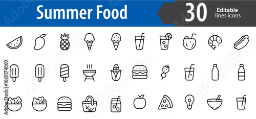 summer food line icons set, fruits, ice cream, barbecue, drinks, picnic, editable formats: AI, EPS, JPG, PNG, ideal for both digital and print use
