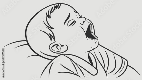 Illustration of a baby lying down with their mouth open and eyes closed in a black and white drawing