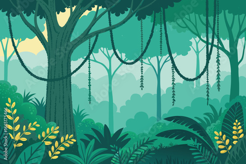 Lush jungle with cascading vines from towering trees.