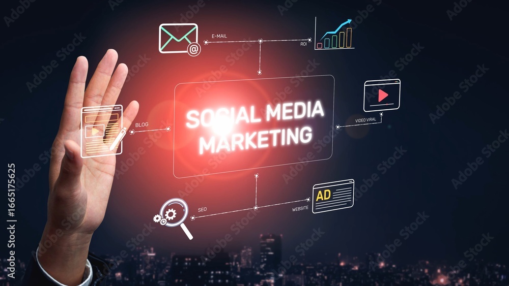 Fototapeta premium Social media marketing strategy with engagement metrics. Social marketing boosts media visibility. Social media marketing drives traffic. Social media marketing increases engagement. Muxer