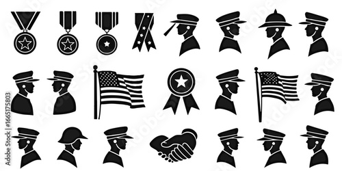 Silhouette Icons Set of Veterans Day military style, including saluting soldiers, dog tags, military boots, airplane, tank, star medals, crosses, rifles, folded flag, laurel wreath, and patriotic symb
