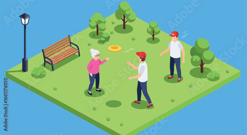 Isometric family throws a disc in park with bench, trees. Background blue sky