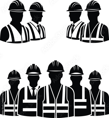 Diverse construction worker team safety helmets reflecting industry collaboration vector