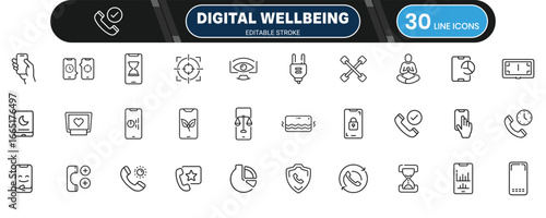 Digital well being and screen time icon set, thin outline editable collection for health balance, focus, mindfulness and device control