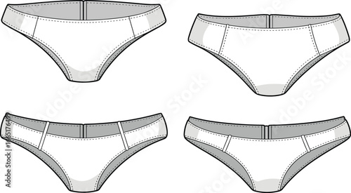 Vector flat sketch set of women’s bikini panties with stitching details and waistband trim for fashion design technical drawing template.