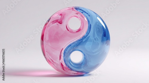 Yin-Yang glass sculpture Pink & blue fluids swirl, holes punctuate form