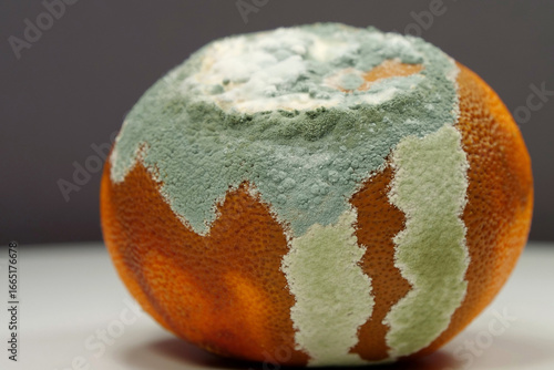 Overripe and rotten mandarin. Rotten tangerine covered with mold