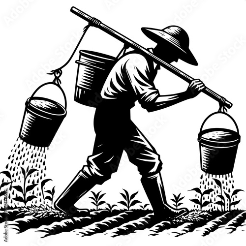 Farmer Watering Plants with Bucket