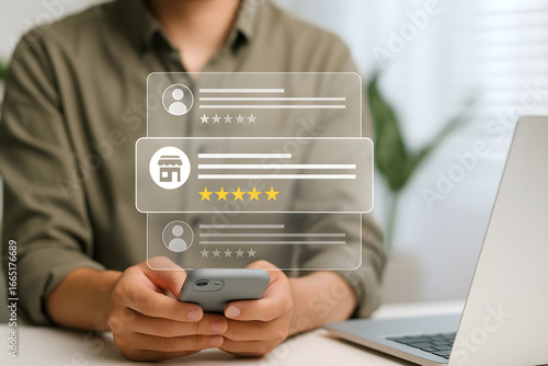 Man using smartphone with customer review interface overlay, laptop visible on desk.