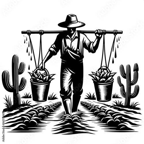 Farmer Watering Plants with Bucket